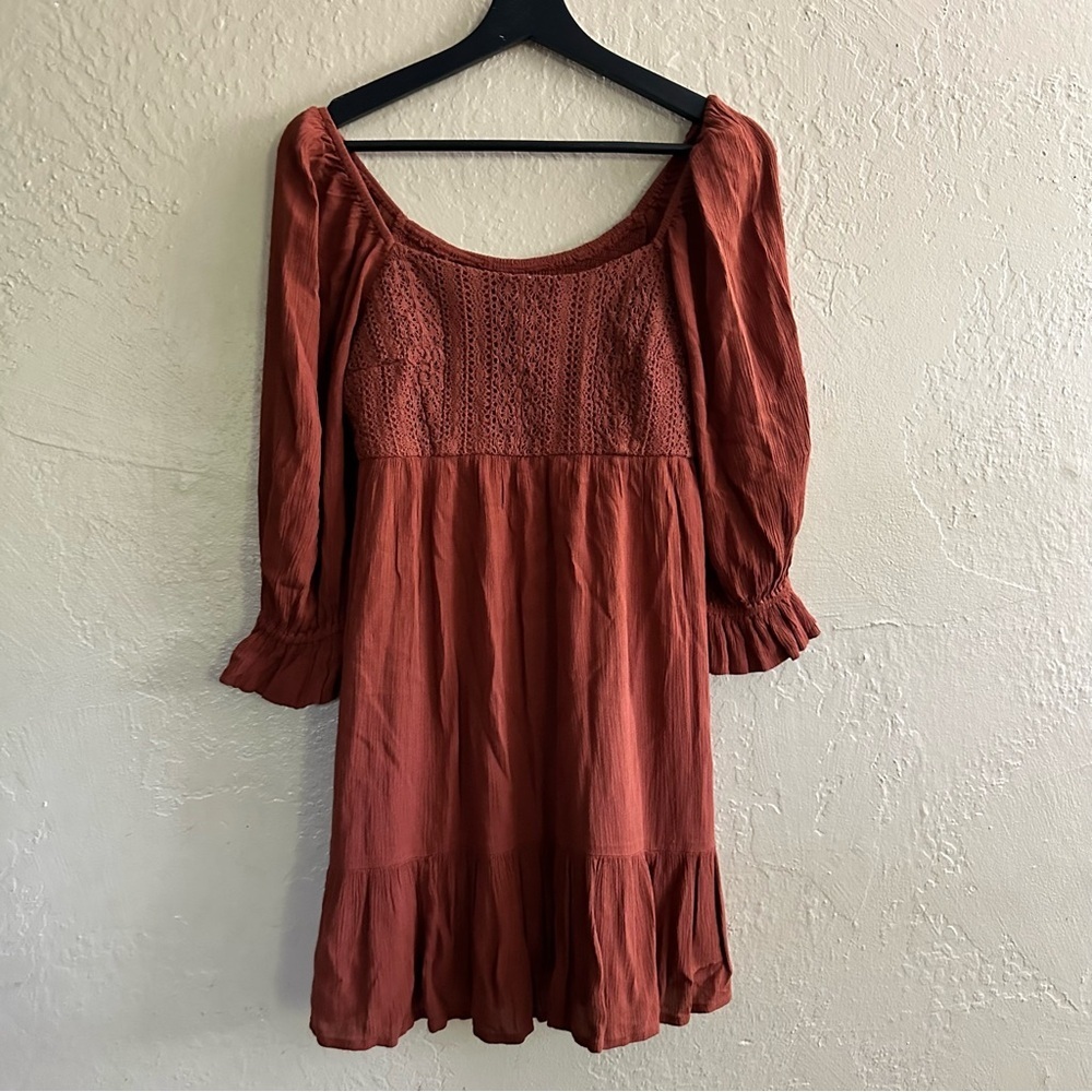 Hollister Rust Red Crochet Yoke Puff Sleeve Mini Dress